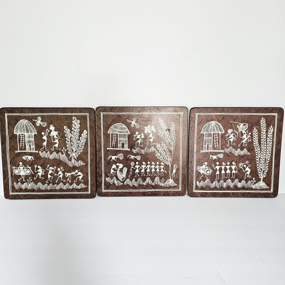 Vintage Warli Wall Art Wooden Set 3pc Tribal Village Life Ethnic Boho Decor